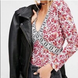 Free People Nowhere To Be Red Black Floral Bodysuit M | NWT